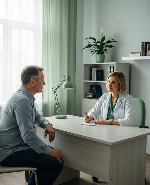 Мужчина сидит на стуле возле стола врача и общается