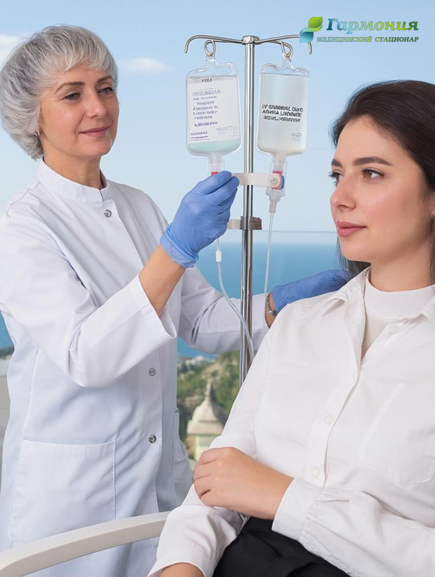 Врач и пациент с капельницей на фоне берега Гагры
