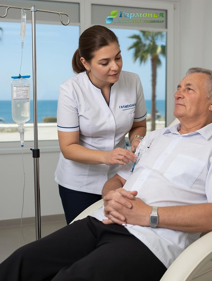 Врач и пациент с капельницей на фоне берега Гагры