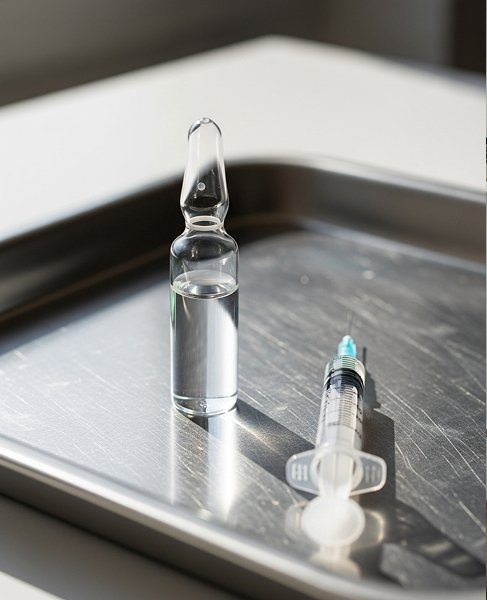 Ампула и шприц лежат на медицинском столе