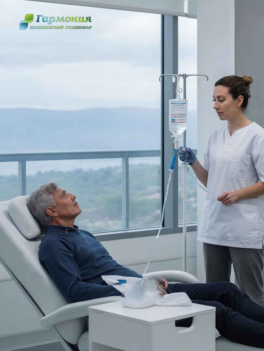 Врач и пациент с капельницей на фоне берега Гагры