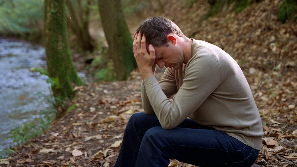 Мужчина сидит на траве в лесу