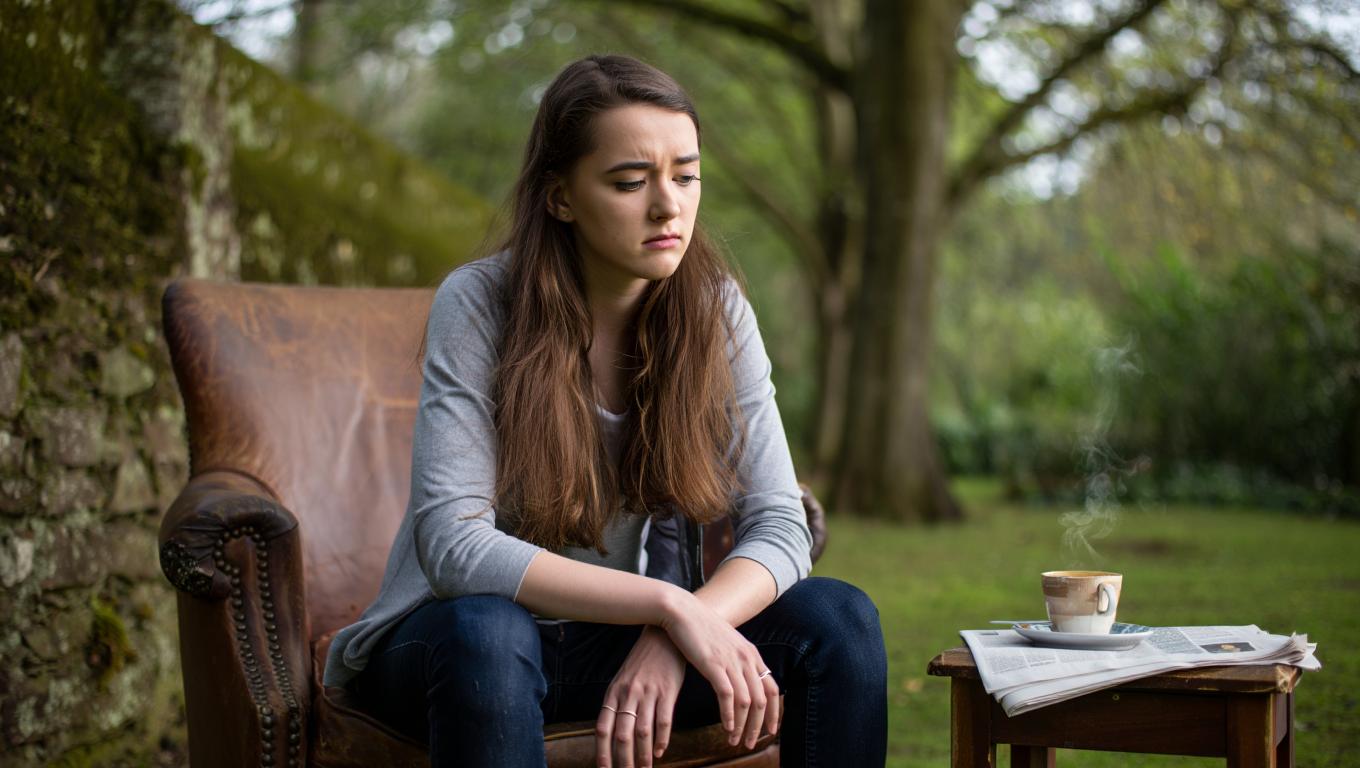 Девушка сиди на стуле в лесу