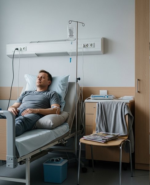 Мужчина лежит на больничной койке под капельницей